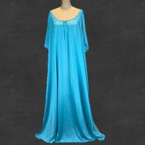 VINTAGE turquoise long maxi silky nightgown aqua teal flutter short sleeve plus